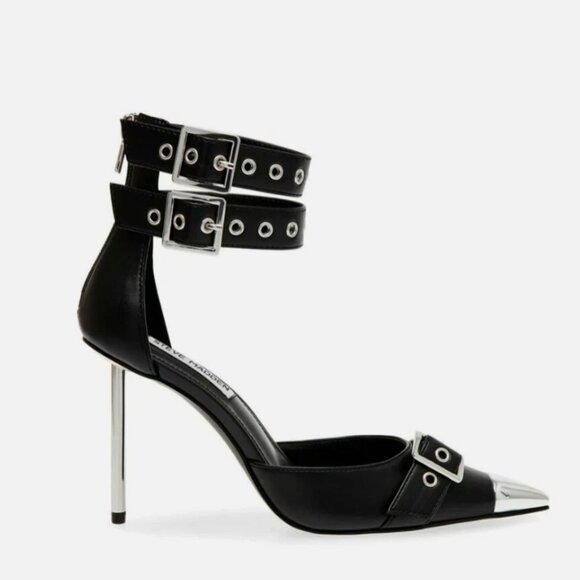 Steve Madden "Bex" Black Buckle Strap Pointed Cap Toe Stiletto Heels Size: 10M - Picture 9 of 10